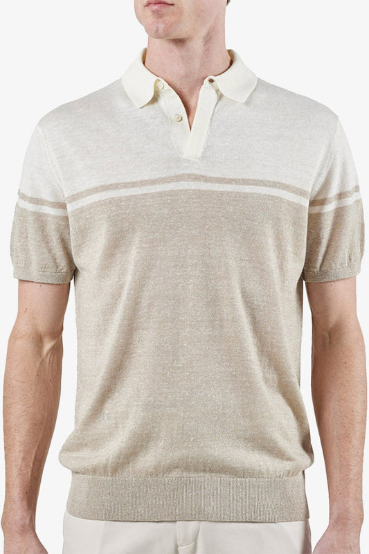 Image of a model wearing Tops. Product name - Moreschi Beige & White Polo in White colour by brand - Anthony Squires