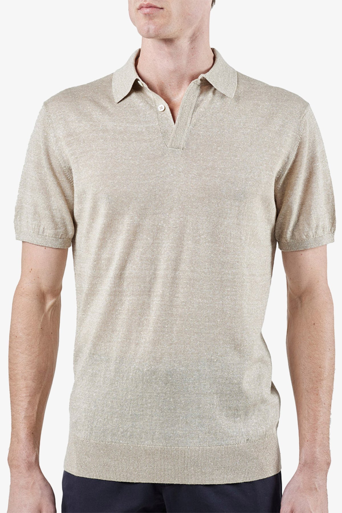 Image of a model wearing Tops. Product name - Moreschi Beige Polo in Beige colour by brand - Anthony Squires