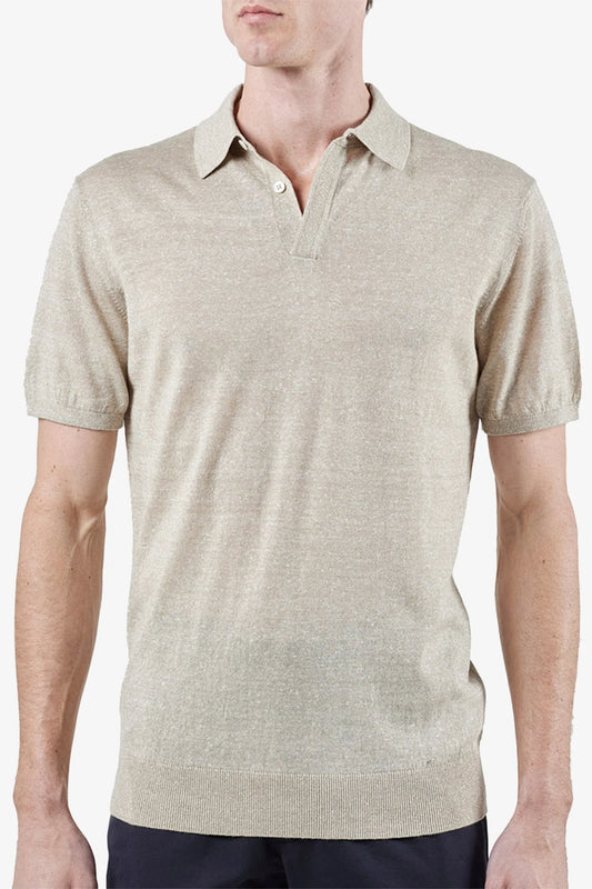 Image of a model wearing Tops. Product name - Moreschi Beige Polo in Beige colour by brand - Anthony Squires