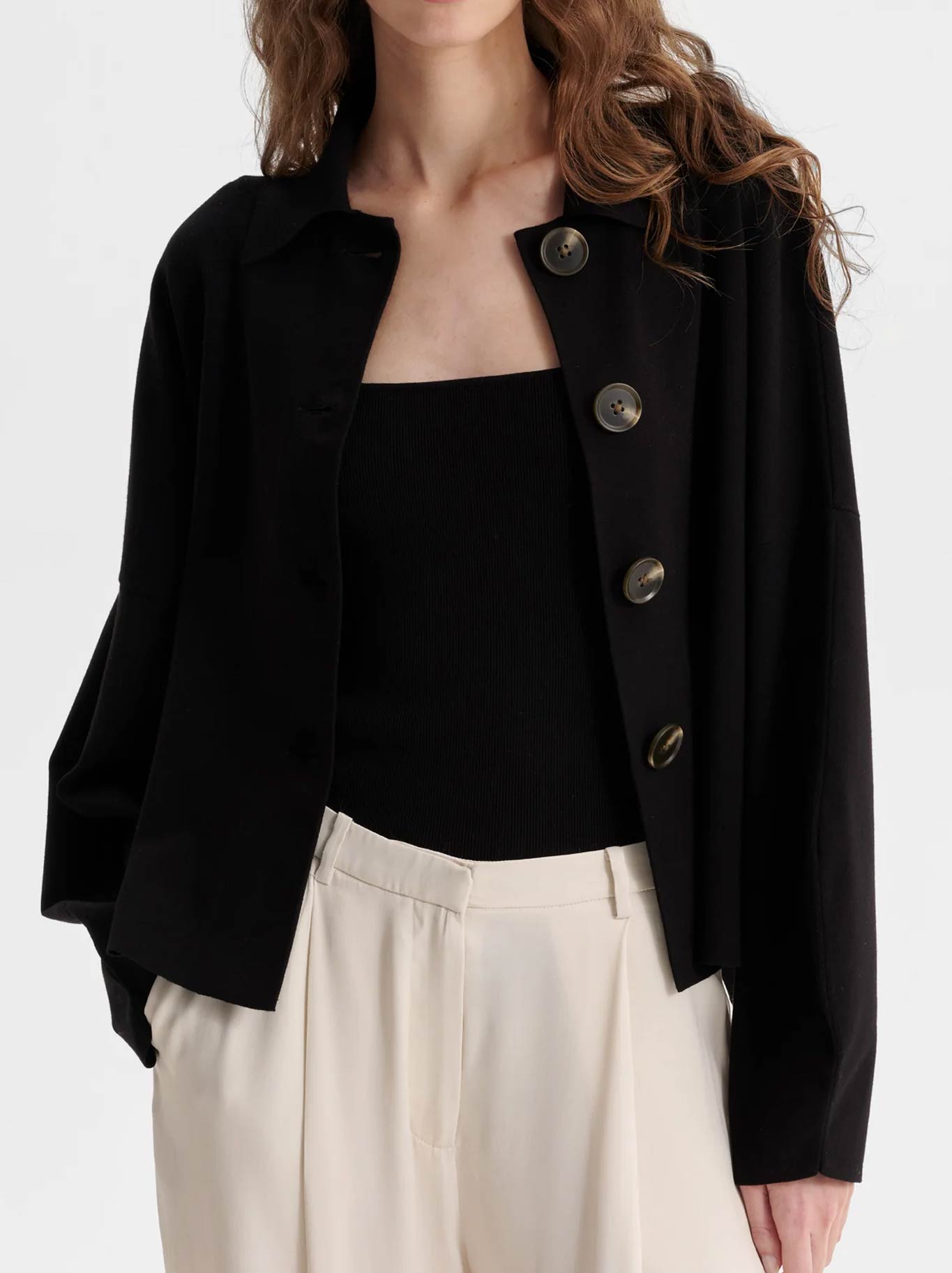 Image of a model wearing Outerwear. Productname: MORRISON BENNETT KNIT CARDIGAN in Black colour by brand - Morrison