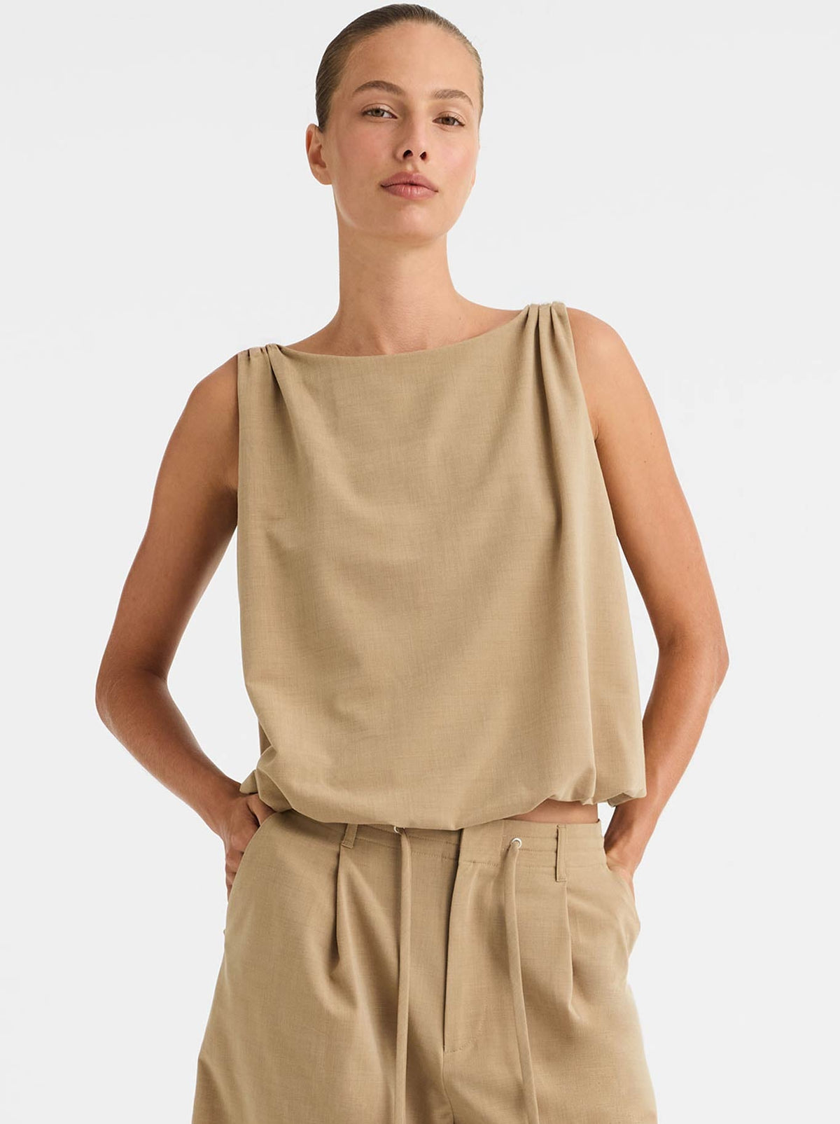 Image of a model wearing Tops. Product name - MORRISON BRIXTON TOP in Biscuit colour by brand - Morrison