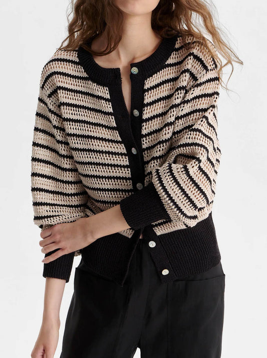 Image of a model wearing Outerwear. Productname: MORRISON CLOVER KNIT CARDI in Stripe colour by brand - Morrison