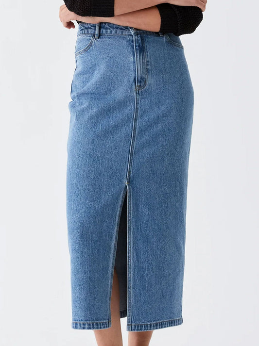 Image of a model wearing Skirts. Productname: MORRISON FYNN DENIM SKIRT in Blue colour by brand - Morrison