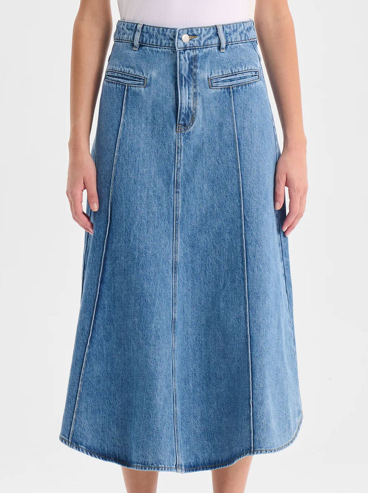 Image of a model wearing Skirts. Product name - MORRISON JACQUE DENIM SKIRT in Light Blue colour by brand - Morrison