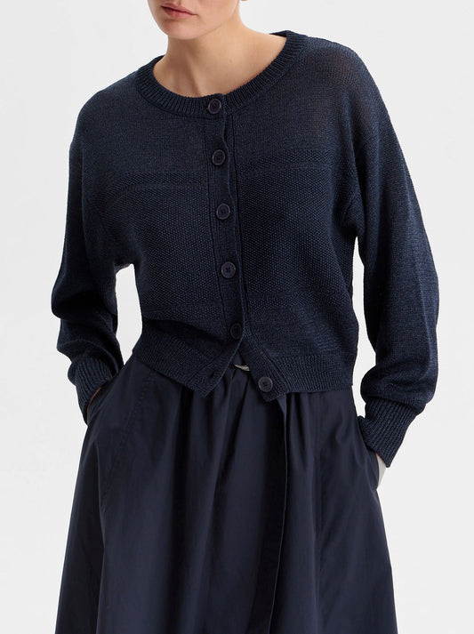 Image of a model wearing Outerwear. Productname: MORRISON MARLI KNIT CARDIGAN in Navy colour by brand - Morrison