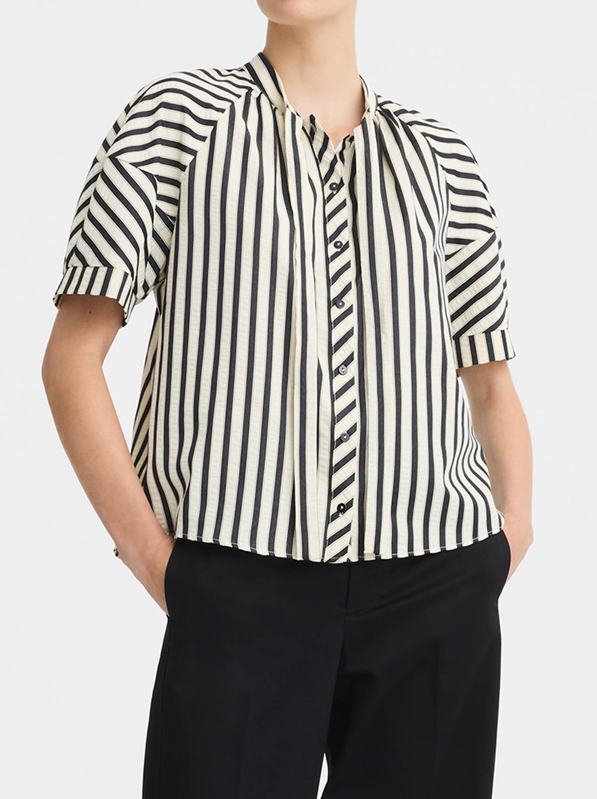 Image of a model wearing Tops. Product name - MORRISON MARINA BLOUSE in Stripe colour by brand - Morrison