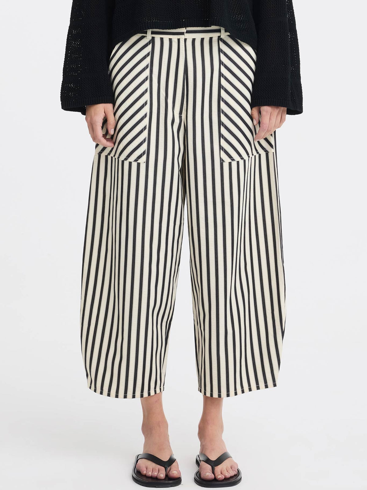 Image of a model wearing Pants. Product name - MORRISON MARINA CROP PANT in Stripe colour by brand - Morrison