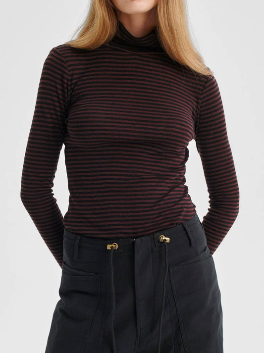 Image of a model wearing Tops. Productname: MORRISON MORRI MERINO STRIPE HIGH NECK in Expresso Black colour by brand - Morrison