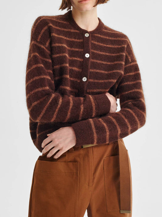 Image of a model wearing Outerwear. Product name - MORRISON ALBI KNIT CARDI in Toffee Stripe colour by brand - Morrison