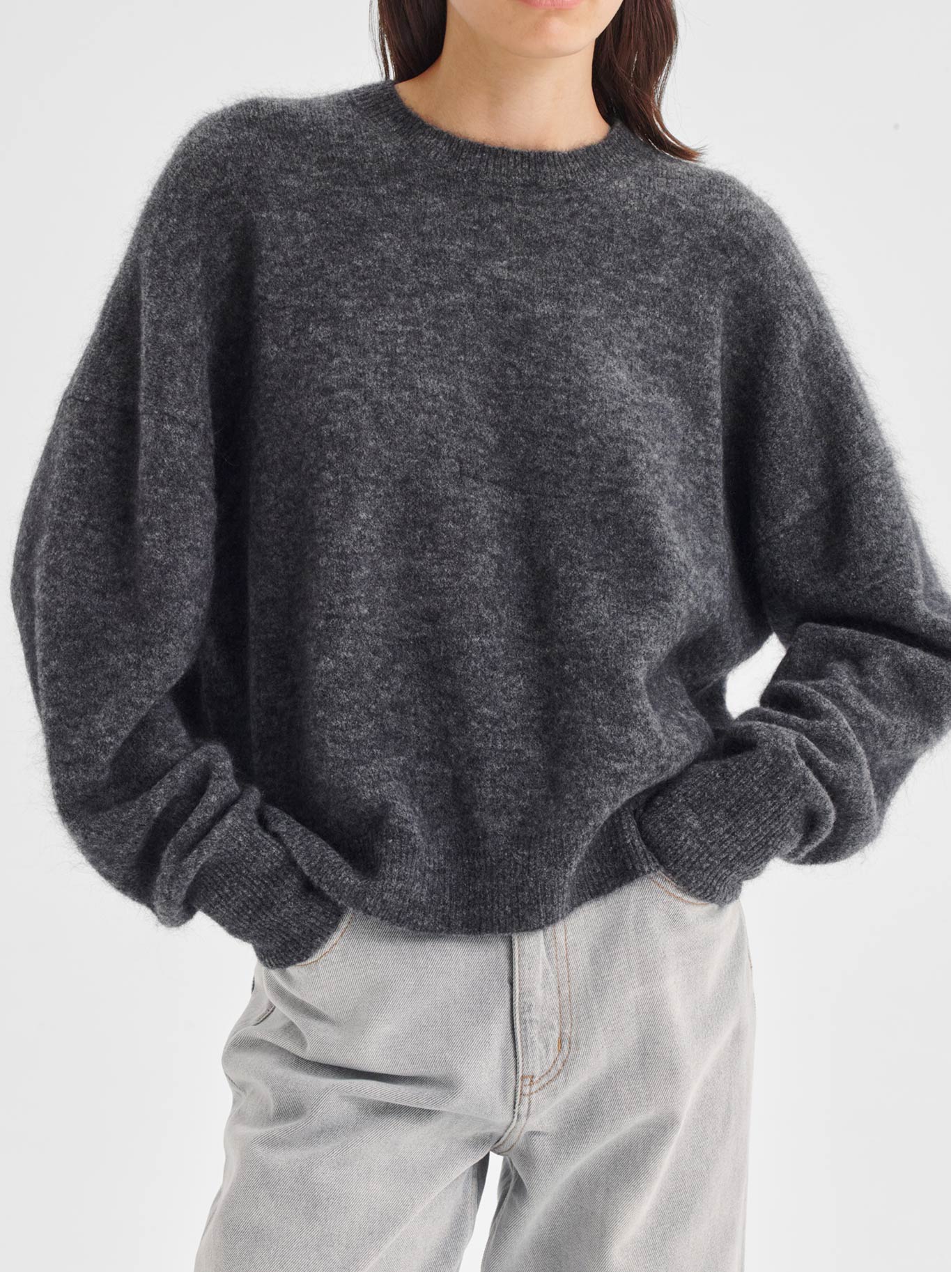 Image of a model wearing Outerwear. Product name - MORRISON ALBI KNIT PULLOVER in Smoke colour by brand - Morrison