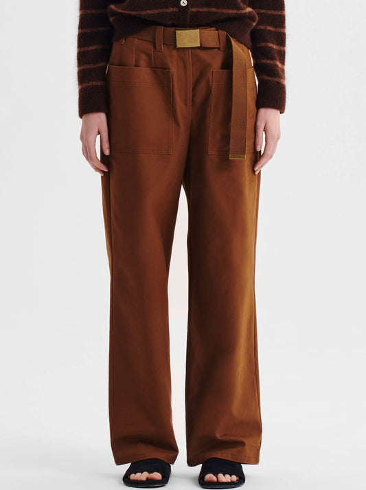 Image of a model wearing Pants. Product name - MORRISON HADLEY PANT in Nutmeg colour by brand - Morrison