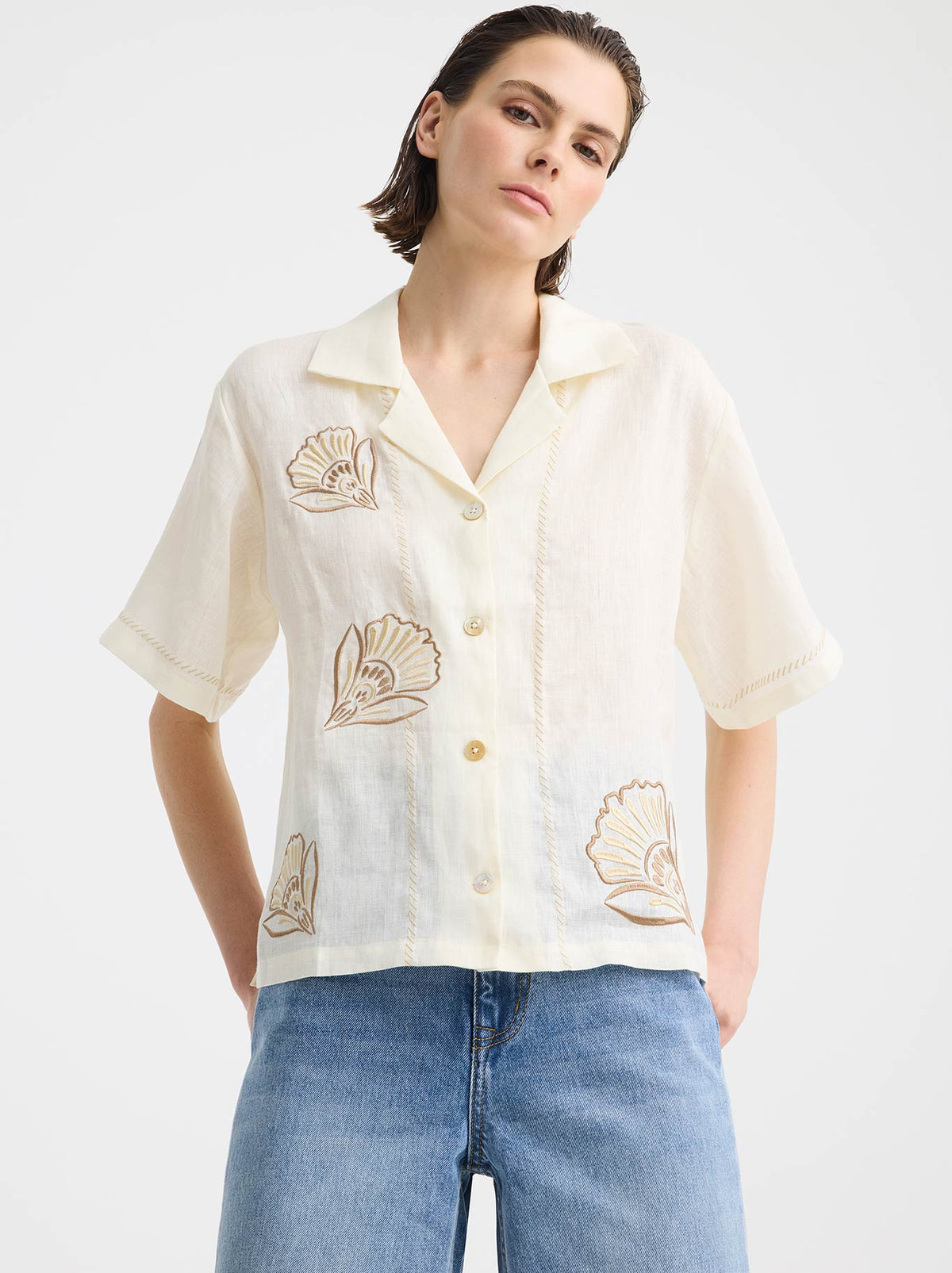 Image of a model wearing Tops. Product name - MORRISON PENELOPE LINEN SHIRT in Cream colour by brand - Morrison