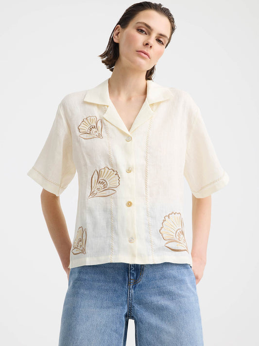 Image of a model wearing Tops. Product name - MORRISON PENELOPE LINEN SHIRT in Cream colour by brand - Morrison