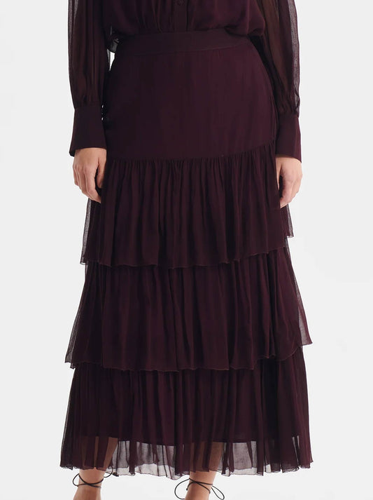 Image of a model wearing Skirts. Productname: MORRISON SOFIA SKIRT in Pinot colour by brand - Morrison