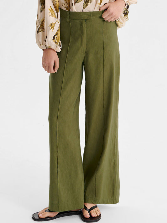 Image of a model wearing Pants. Productname: MORRISON VICTORIA PIN TUCK PANT in Chive colour by brand - Morrison