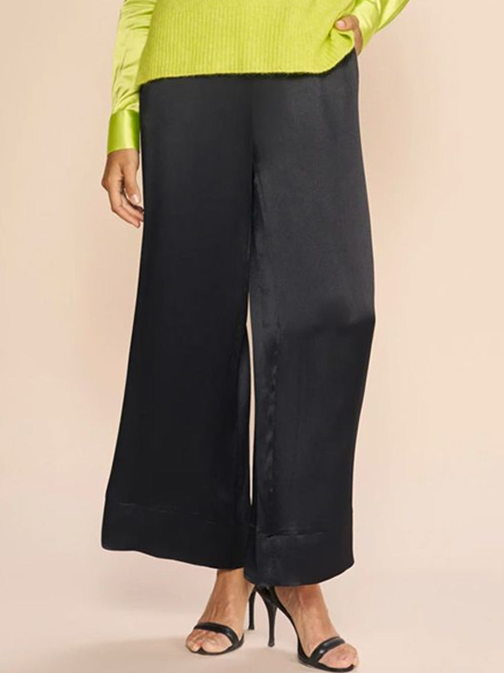 Image of a model wearing Pants. Productname: MOS MOSH EDI SATIN CREPE PANT in Black colour by brand - Mos Mosh