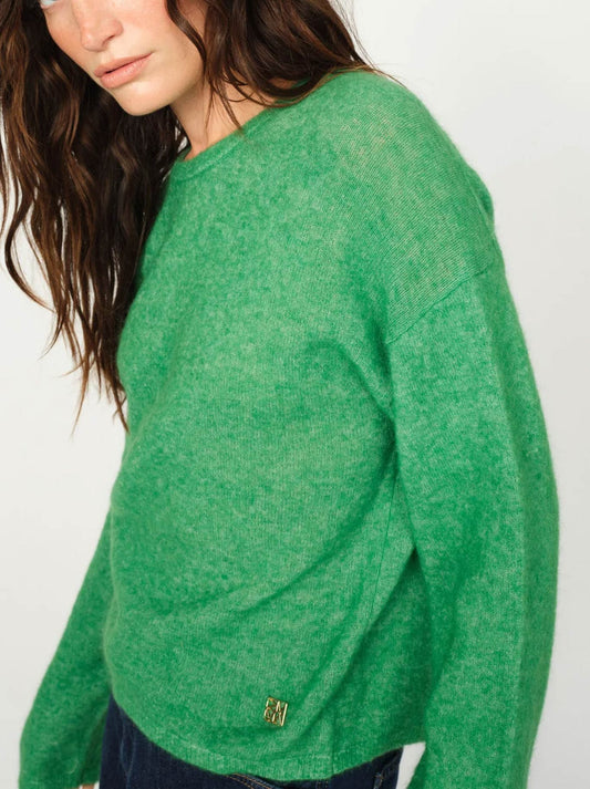 Image of a model wearing Outerwear. Productname: MOS MOSH MAPE O-NECK KNIT in Amazon colour by brand - Mos Mosh