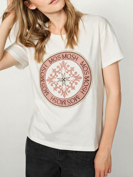 Image of a model wearing Tops. Product name - MOS MOSH JUDD TEE in Ecru colour by brand - Mos Mosh