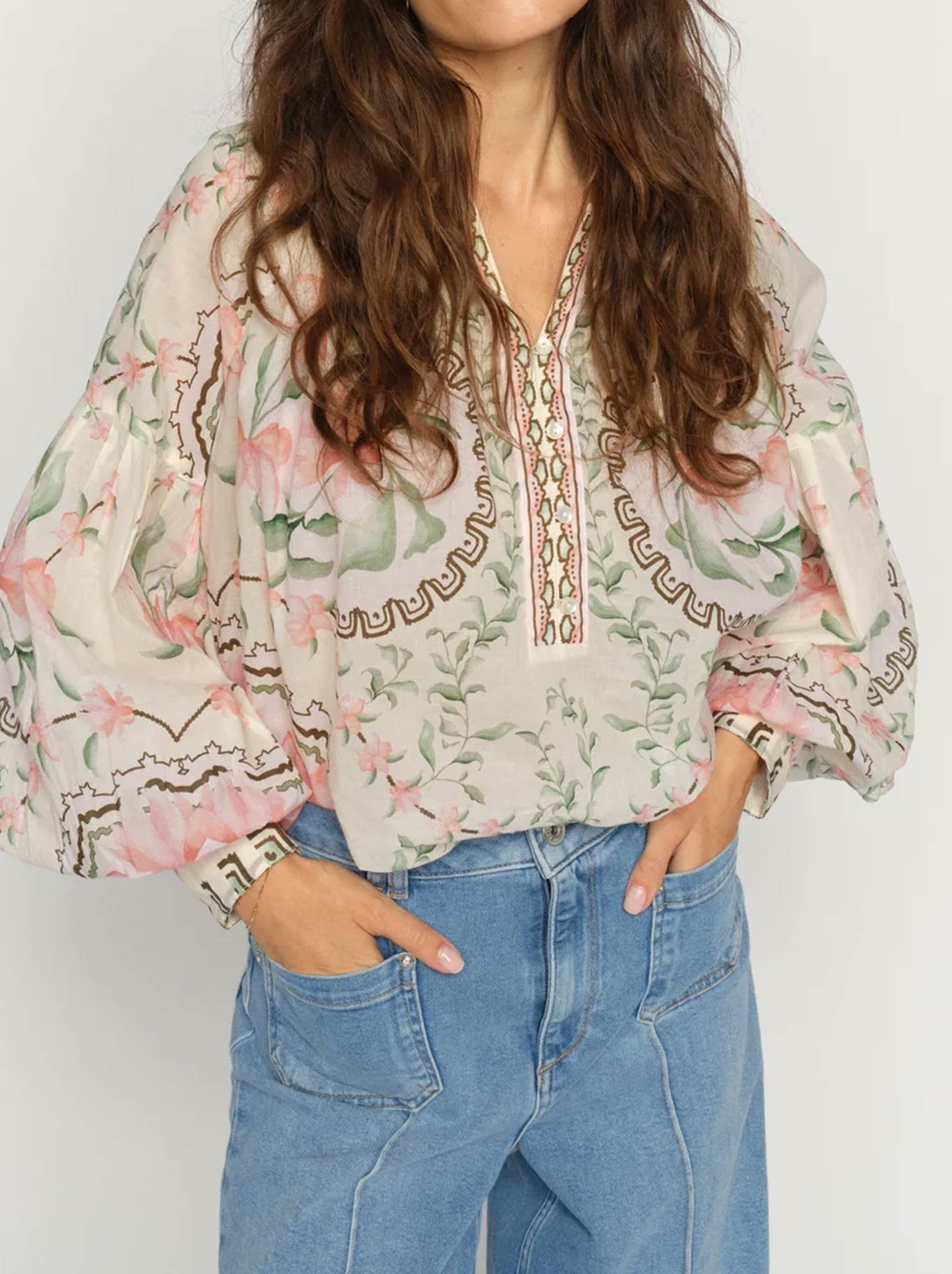 Image of a model wearing Tops. Product name - MOS MOSH WYLDE ORCHID BLOUSE in Turf Green colour by brand - Mos Mosh