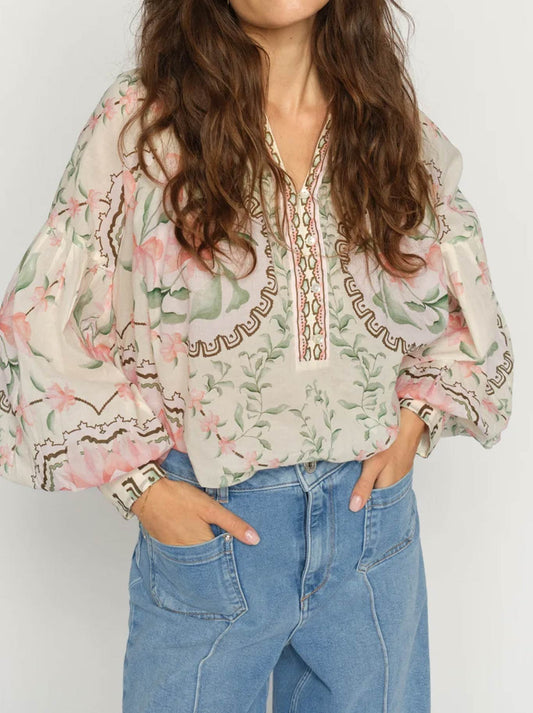 Image of a model wearing Tops. Product name - MOS MOSH WYLDE ORCHID BLOUSE in Turf Green colour by brand - Mos Mosh