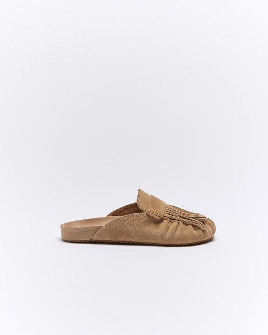 Image of Sandals. Productname: Myla Leather Mule in Camel Suede colour by brand - Walnut Melbourne