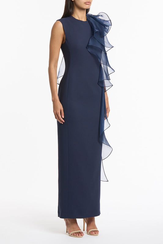 Carla Zampatti Crepe Ruffle Shoulder Gown (Navy)