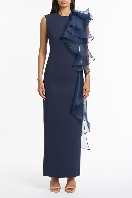 Image of Dresses. Product name - Navy Crepe Ruffle Shoulder Gown in Navy colour by brand - Carla Zampatti