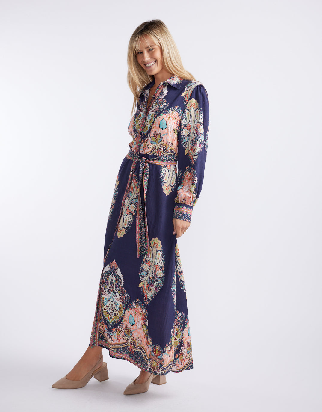 Image of Dresses. Productname: Amelie Shirt Midi Dress - in Navy Print colour by brand - Beautiful Stories