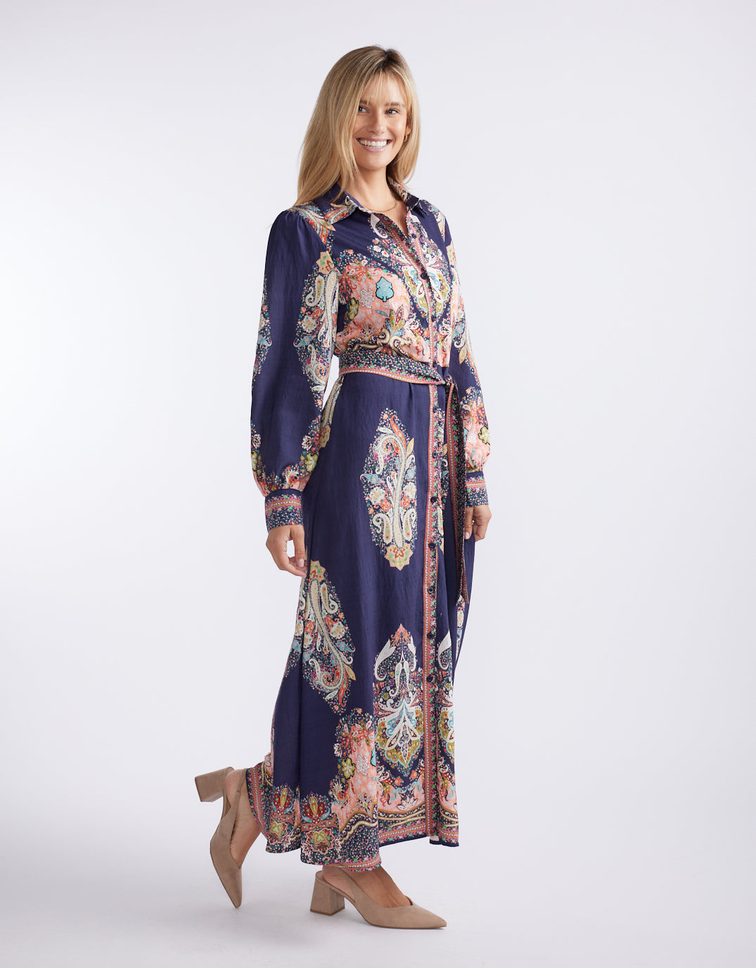 Beautiful Stories Amelie Shirt Midi Dress (Navy Print)