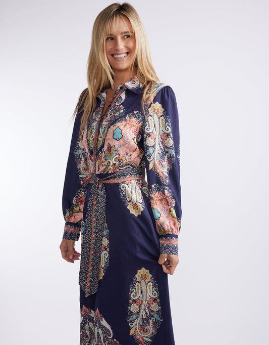 Beautiful Stories Amelie Shirt Midi Dress (Navy Print)