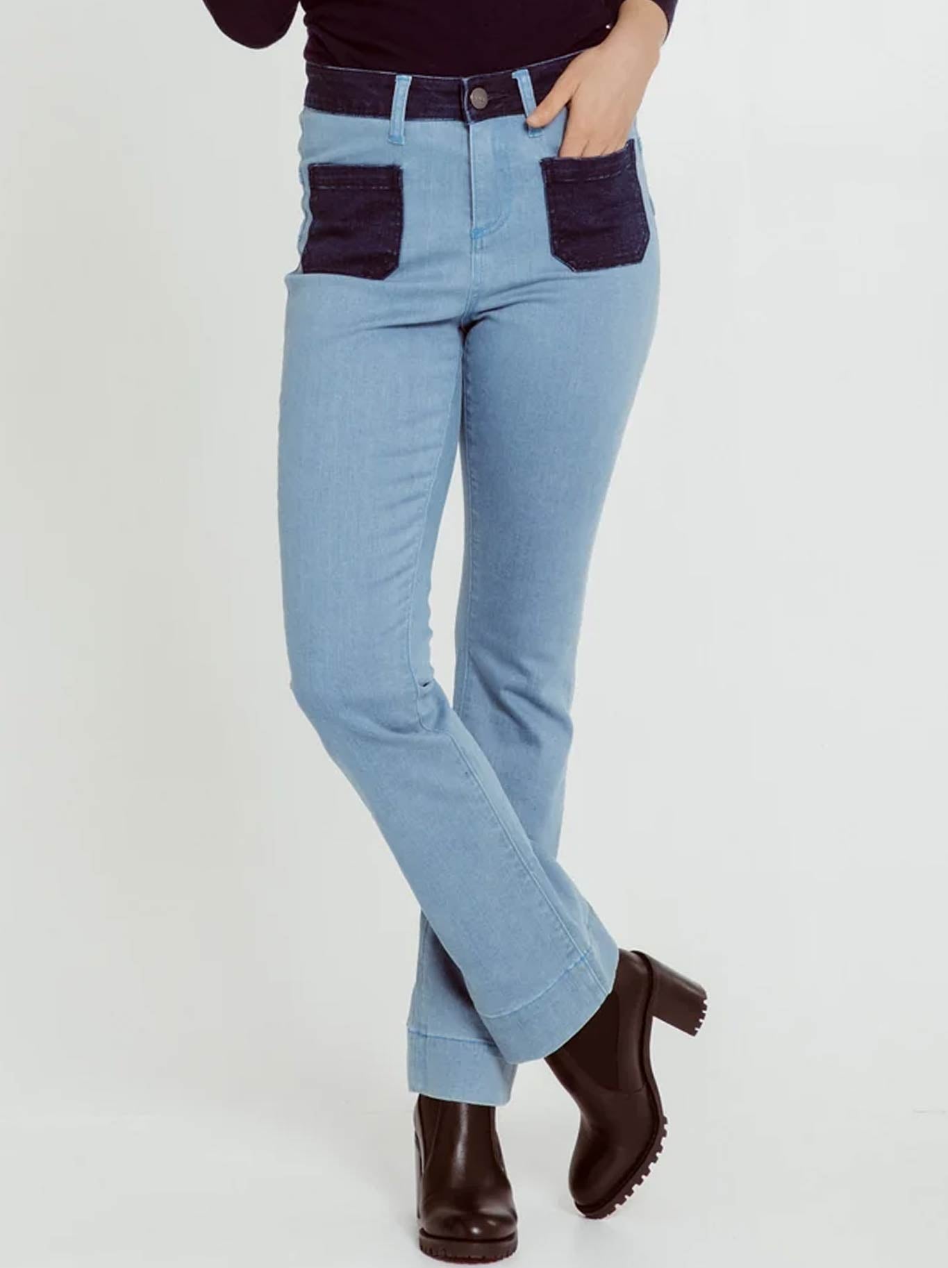 Image of a model wearing Pants. Product name - NEW LONDON FLEET TWO TONE DENIM JEAN in Denim colour by brand - New London