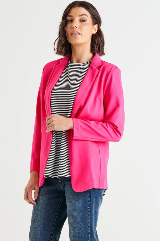 Image of a model wearing Outerwear. Productname: Betty Basics Portsea Single-Breasted Stretchy Lightweight Blazer Bubblegum Pink in Bubblegum Pink colour by brand - Betty Basics