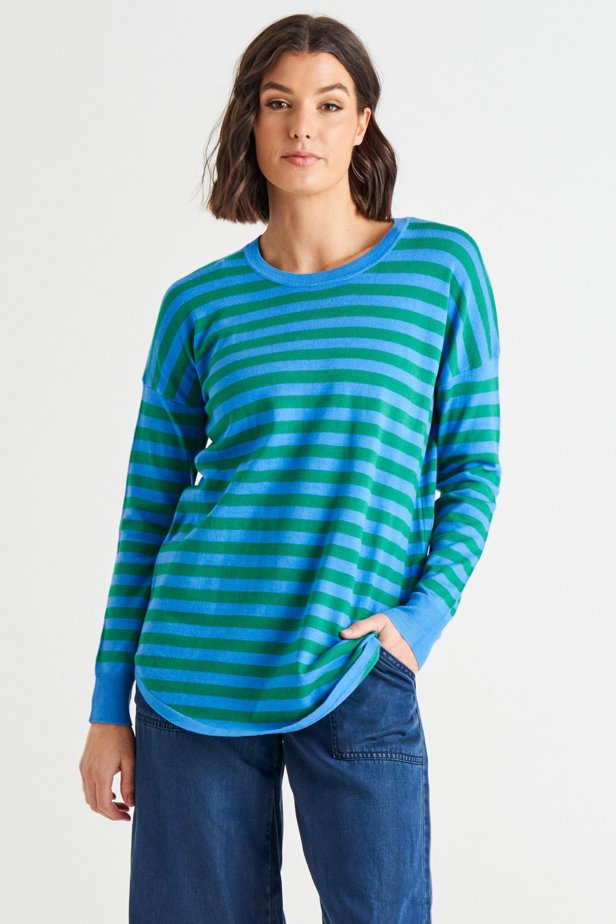 Image of a model wearing Outerwear. Productname: Betty Basics Sophie Lightweight Relaxed Knit Jumper Green/Blue Stripe in Green/Blue Stripe colour by brand - Betty Basics