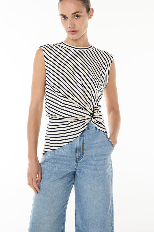 Image of a model wearing Tops. Productname: Cote D'azur Top in NAVY/ECRU colour by brand - Manning Cartell