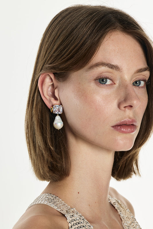 Image of Earrings. Productname: Diamante Pearl Small Earrings in Gold colour by brand - Manning Cartell