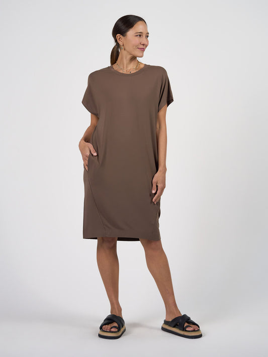 Image of Dresses. Product name - Nicks Bamboo Short Sleeve T-Shirt Dress Chocolate in Chocolate colour by brand - Lou Lou