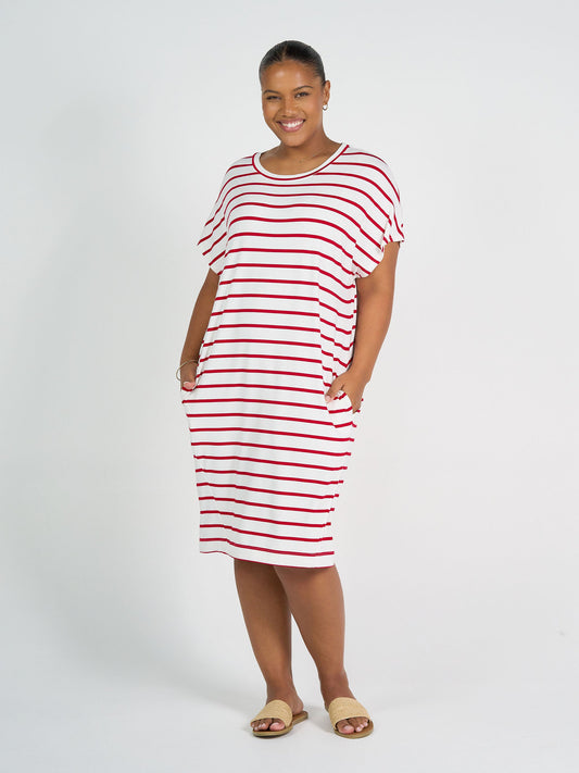 Image of Dresses. Product name - Nicks Bamboo Short Sleeve T-Shirt Dress Lipstick & White Stripe in Lipstick & White Stripe colour by brand - Lou Lou