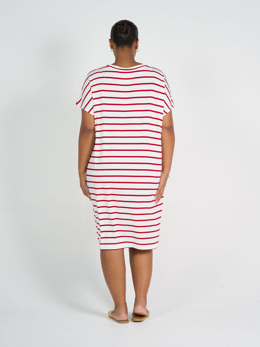 Lou Lou Nicks Bamboo Short Sleeve T-Shirt Dress (Lipstick & White Stripe)