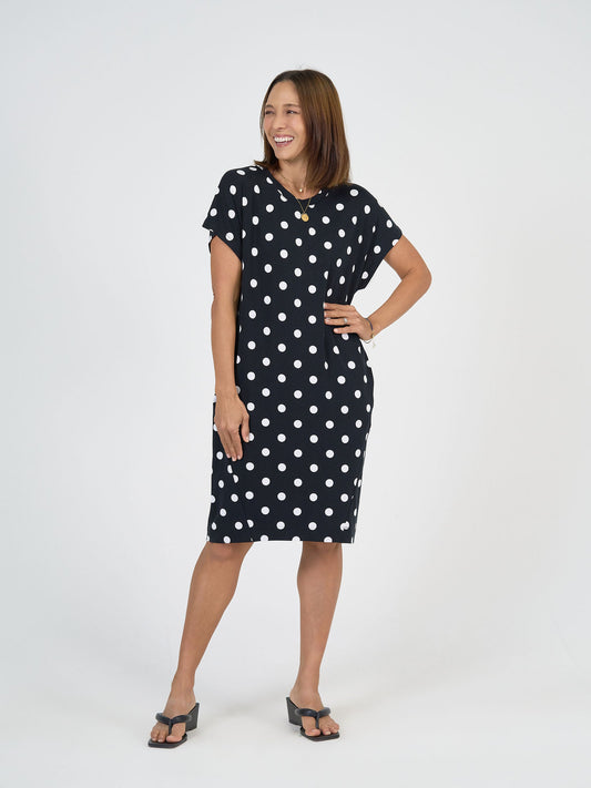 Image of Dresses. Product name - Nicks Bamboo Short Sleeve T-Shirt Dress Polka Dot in Polka Dot colour by brand - Lou Lou