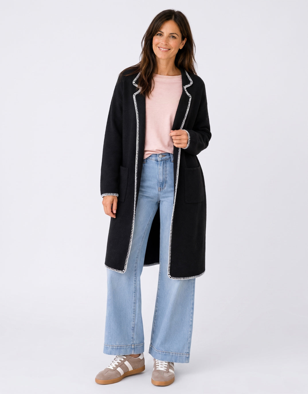132 Fashion Noa Blanket Stitch Coatigan (Black)