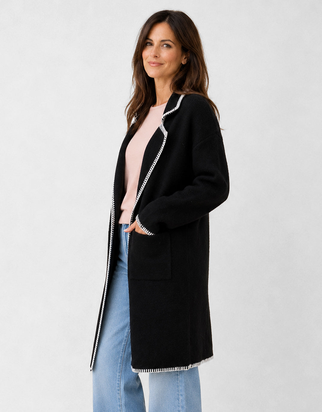 132 Fashion Noa Blanket Stitch Coatigan (Black)