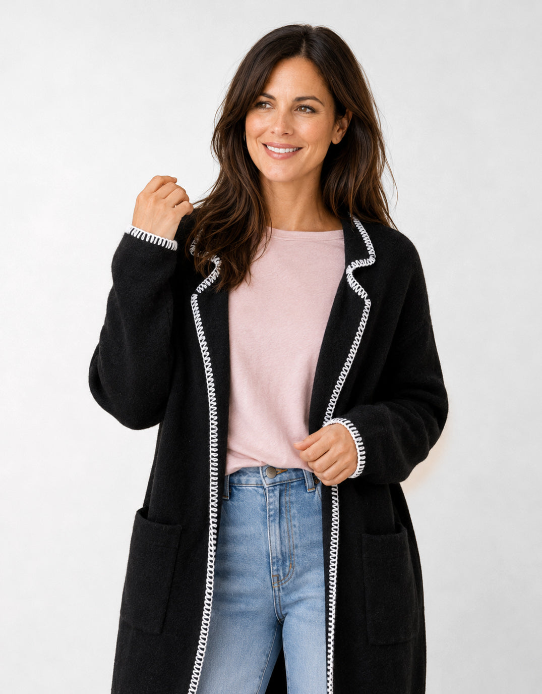 132 Fashion Noa Blanket Stitch Coatigan (Black)