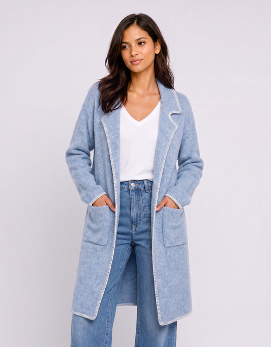 Image of a model wearing Outerwear. Product name - Noa Blanket Stitch Coatigan Blue in Blue colour by brand - 132 Fashion