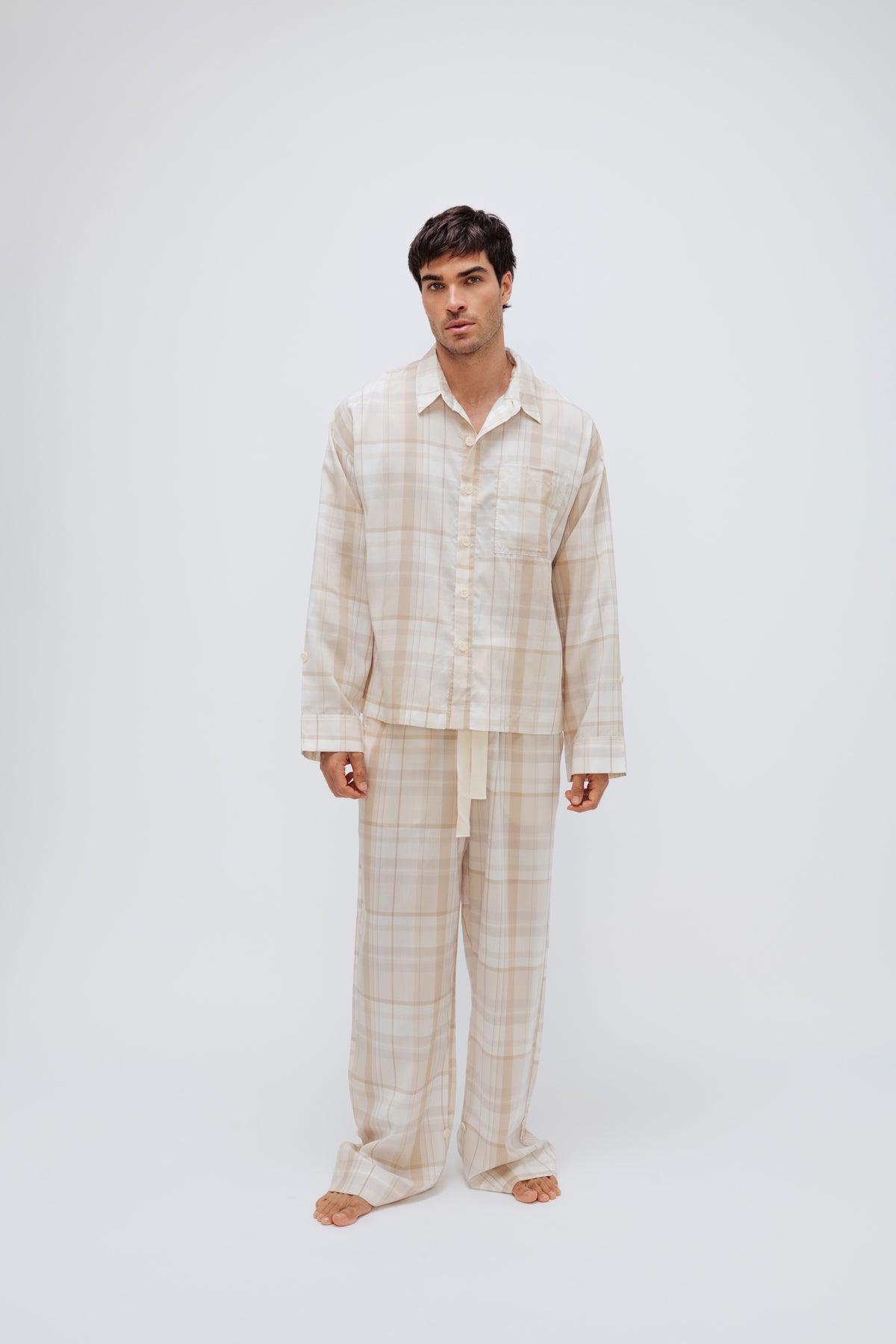 Image of Sleepwear & Loungewear. Product name - Long Sleep Pant Macel Oat Check in Oat Check colour by brand - NUNE