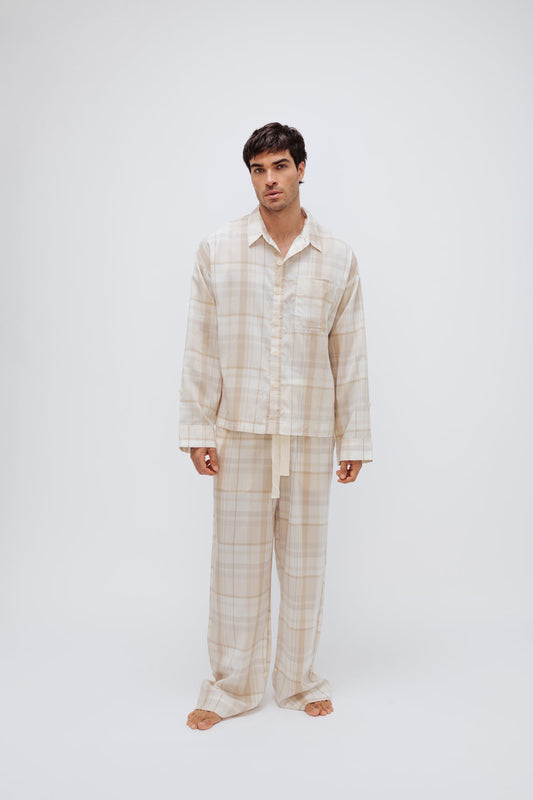 Image of Sleepwear & Loungewear. Product name - Long Sleep Pant Macel Oat Check in Oat Check colour by brand - NUNE