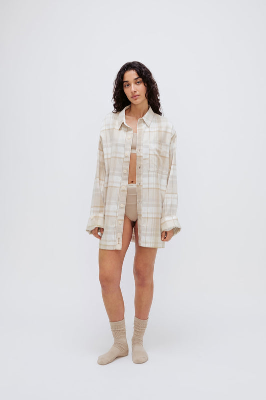 Image of Sleepwear & Loungewear. Product name - Long Sleeve Sleep Shirt Flannel Oat Check in Oat Check colour by brand - NUNE