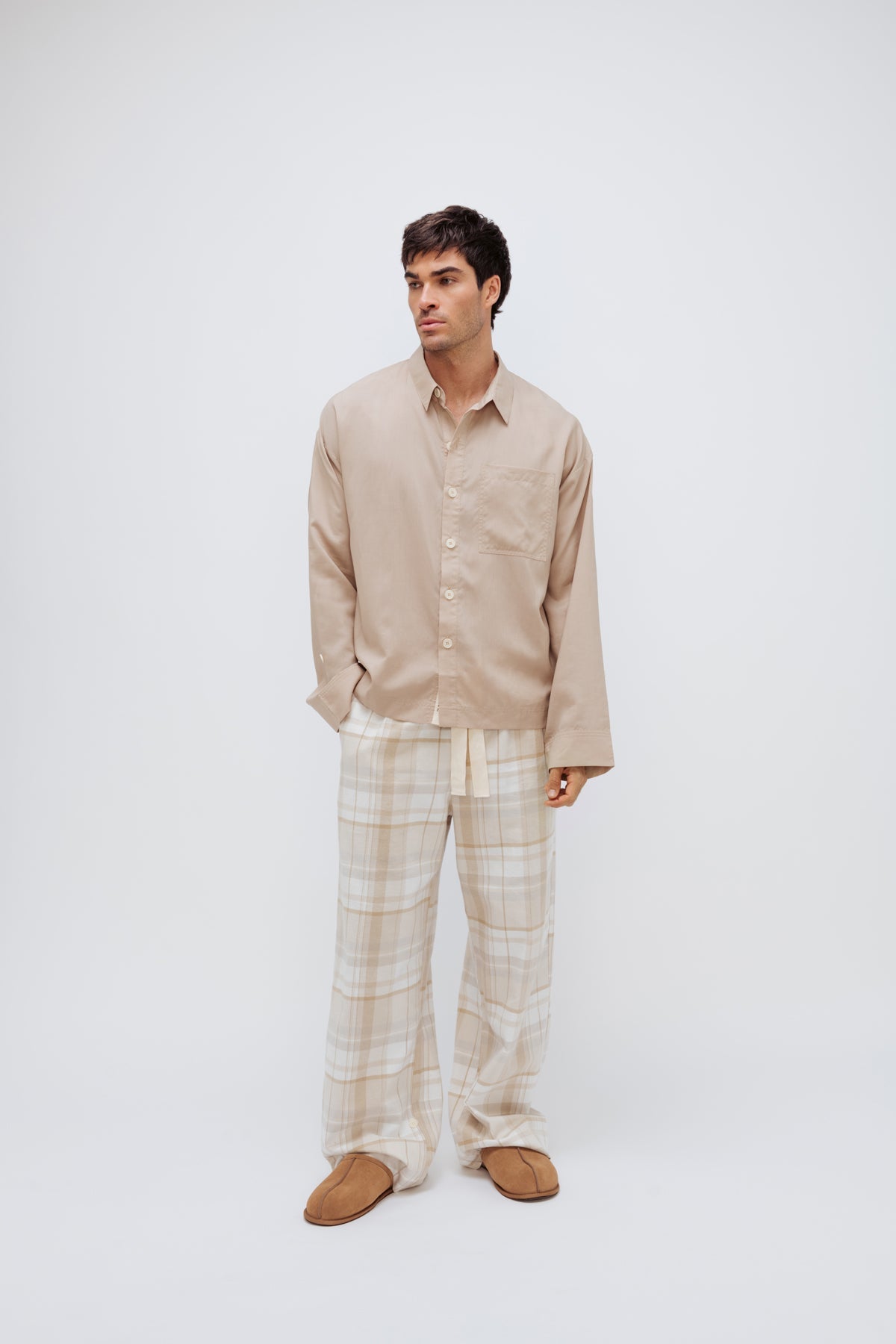 Image of Sleepwear & Loungewear. Product name - Long Sleep Pant Flannel Oat Check in Oat Check colour by brand - NUNE