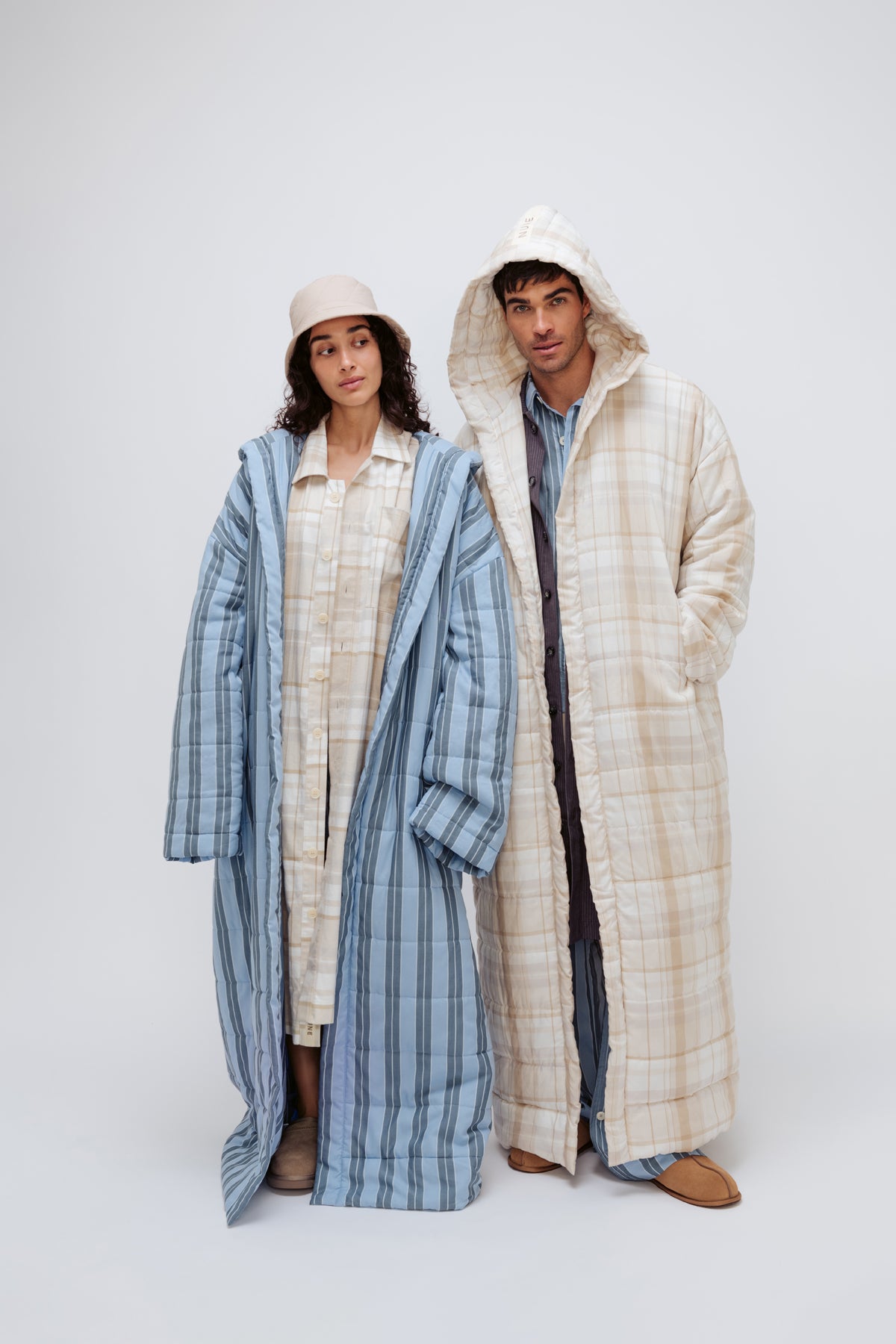 Image of Dresses. Product name - Doona Robe Long Oat Check in Oat Check colour by brand - NUNE