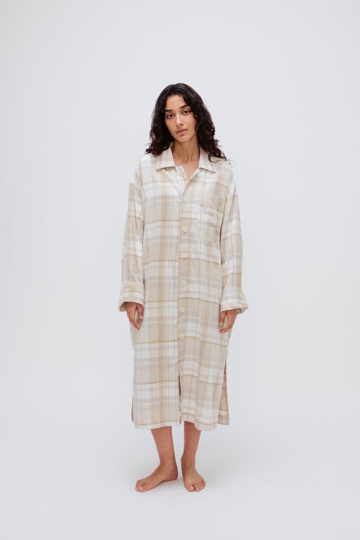Image of Dresses. Product name - Long House Shirt Oat Check in Oat Check colour by brand - NUNE