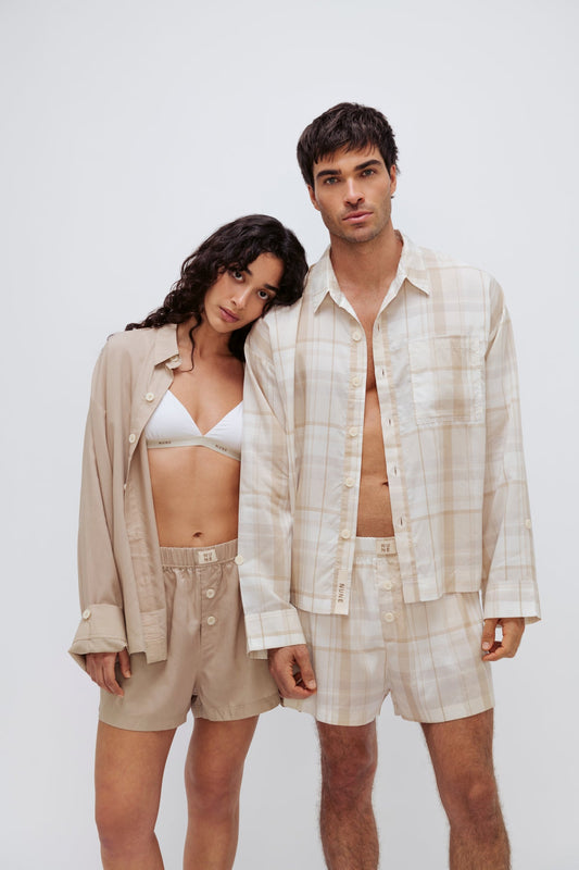 Image of Sleepwear & Loungewear. Product name - Long Sleeve Sleep Shirt Macel Oat Check in Oat Check colour by brand - NUNE